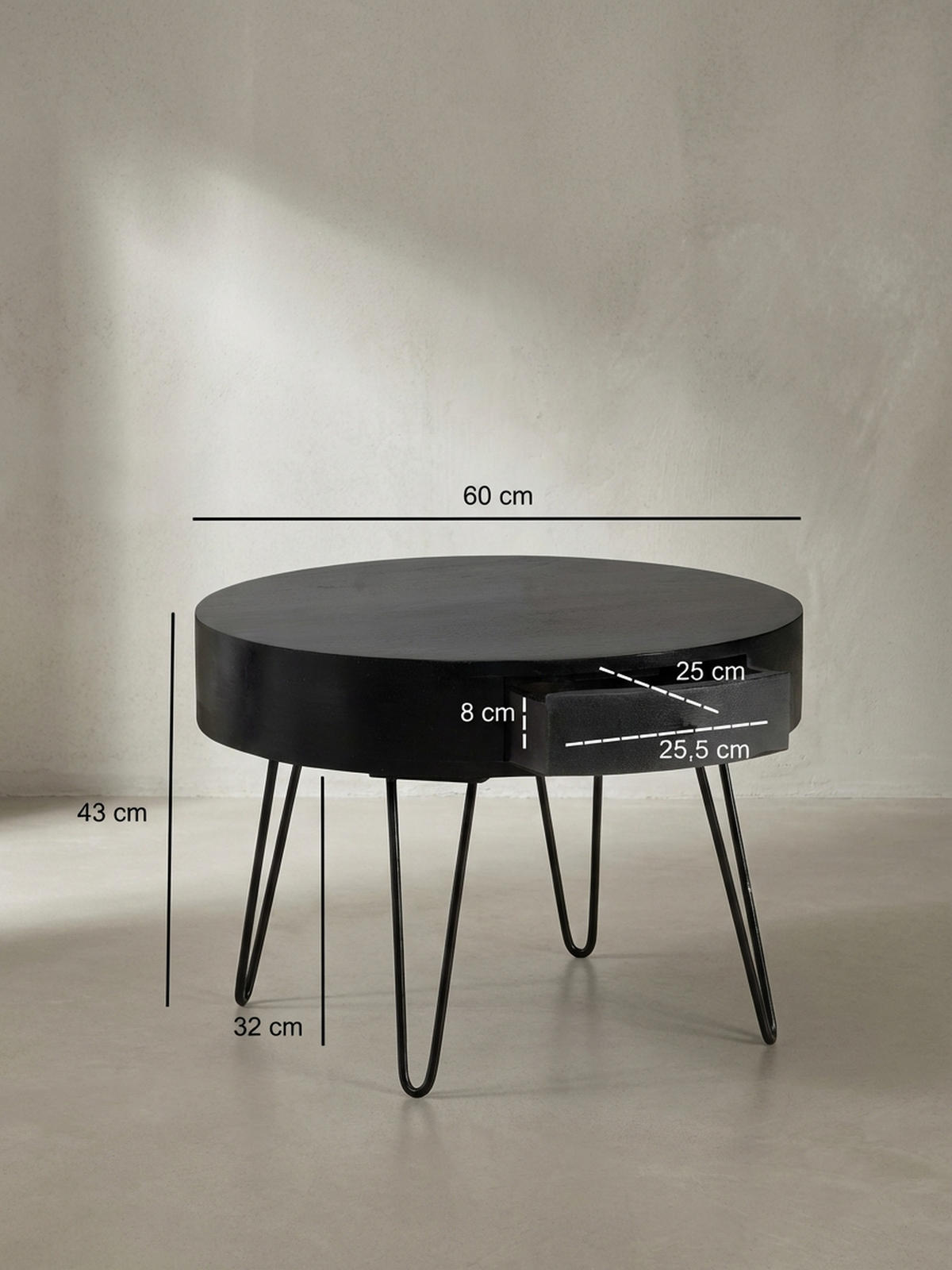 COUCHTISCH Rund Mango Massivholz Metall, 60x60x43 cm, mit Schublade, Stauraum und Haarnadelbeinen - Schwarz, Holz/Metall (60/60/43cm) - KADIMA DESIGN