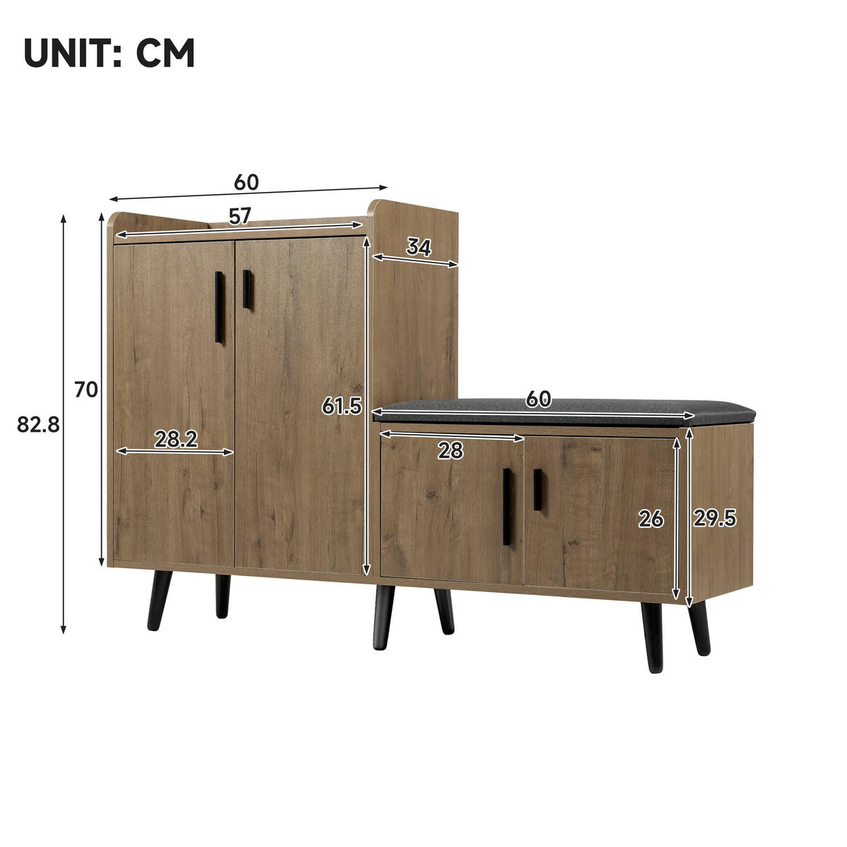 SCHUHBANK mit Holzmaserung, Schuhschrank, 4 Türen - Multicolor, Holzwerkstoff (34/82.8/120cm) - Meubles Cosy