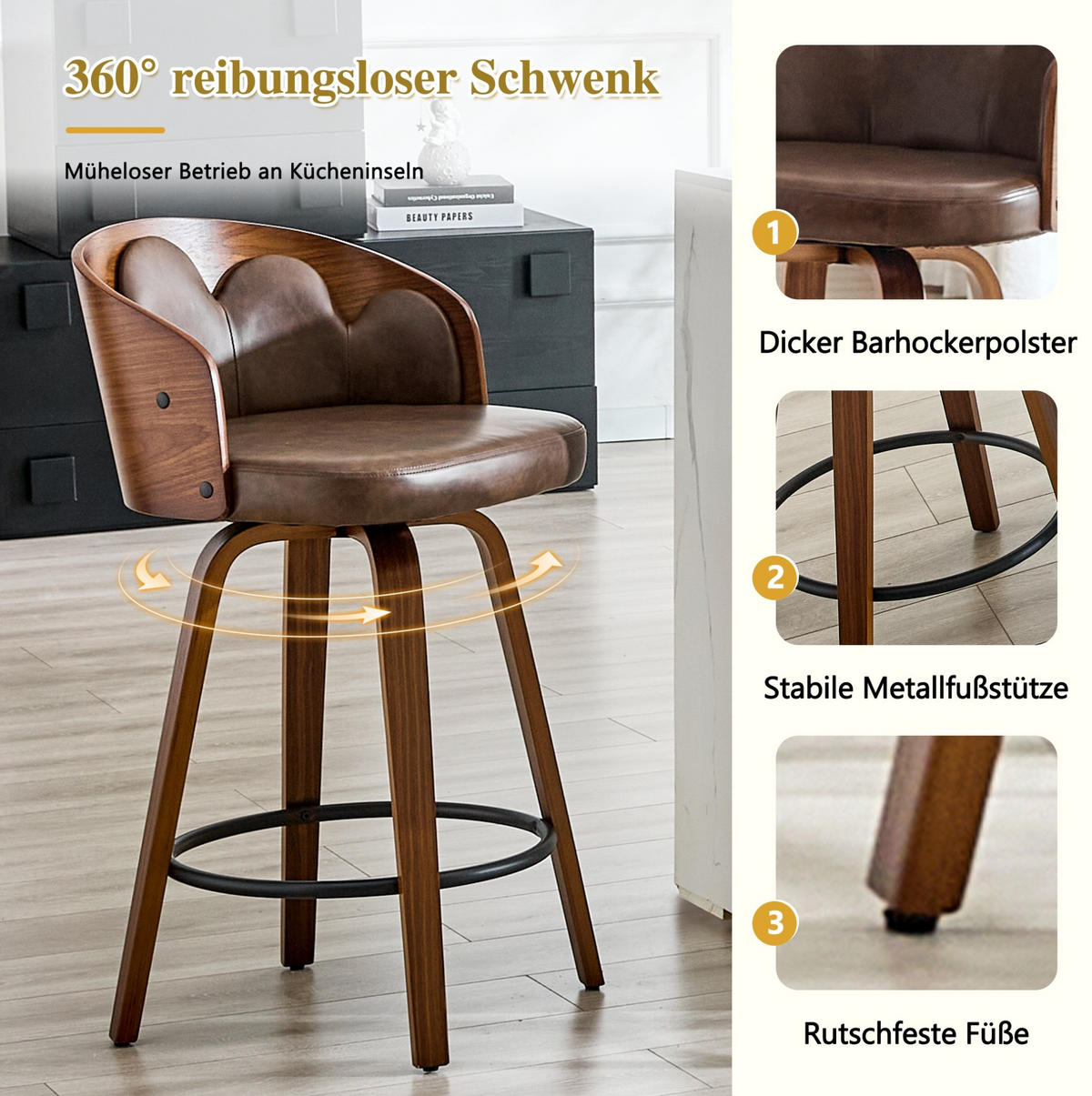 BARHOCKER mit Blüten-Rückenlehne, Bugholz, PU-Leder und Metall-Fußstütze - Braun, Holz (41.5/89/46.5cm) - MIVRAY