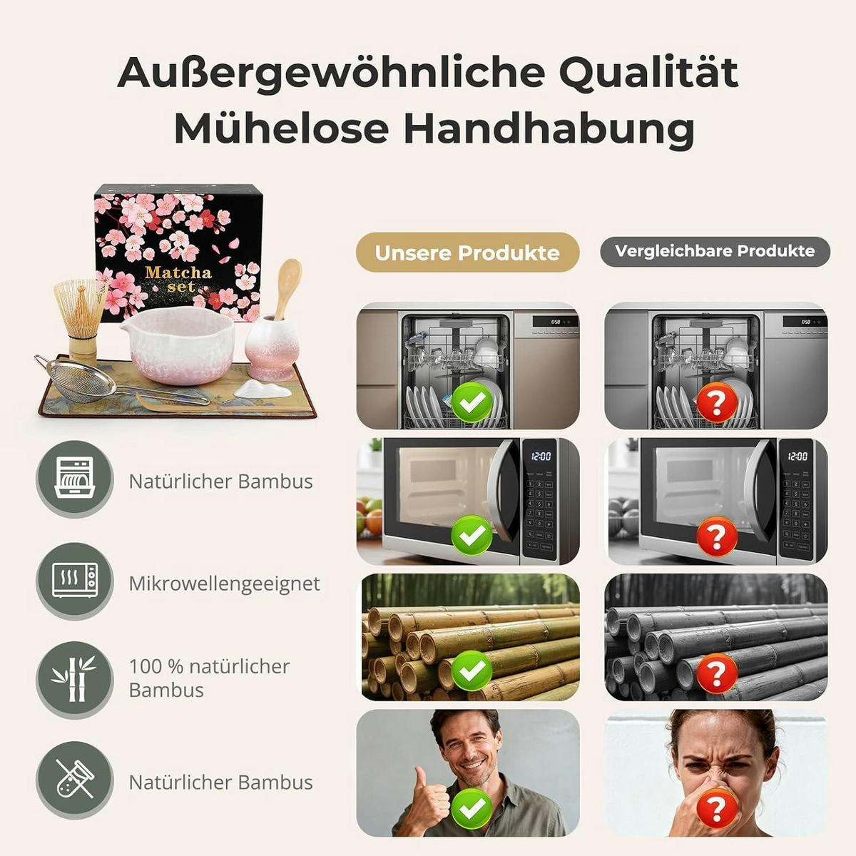 MATCHA Set 8-teiliges Set mit Schale, Besen und Löffel - Rosa, Keramik (15.2/10/28cm)