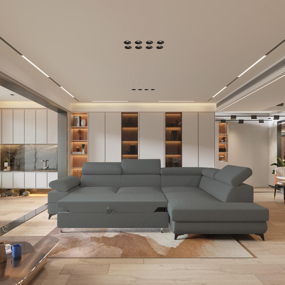 ECKSOFA FAVIEN R-S Grau Boucle-Stoff mit Schlaffunktion - Grau, Holz (257/190cm) - MASSENO