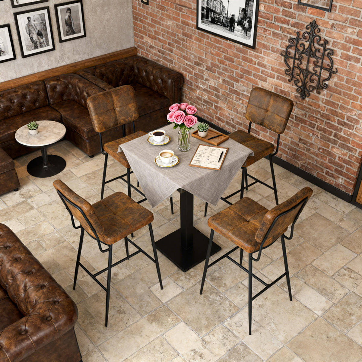 BARHOCKER 4er-Set, 69 cm Sitzhöhe, Gepolsterte Barstühle aus Velourslederimitat mit Rückenlehne und Fußstütze - Braun, Metall (46/102/51cm) - Meubles Cosy