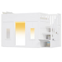 HOCHBETT aus Kiefernholz 90x200 cm Weiß mit Stauraumtreppe, Fenster und LED-Beleuchtung - Weiß, Holzwerkstoff (90/200cm) - Modfu