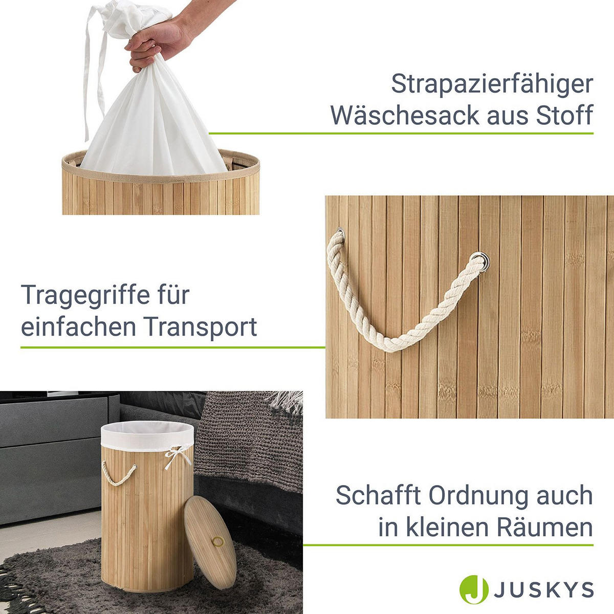 WÄSCHEKORB Curly-Round 55 L natur - Naturfarben, Holz (35/60/35cm) - Juskys