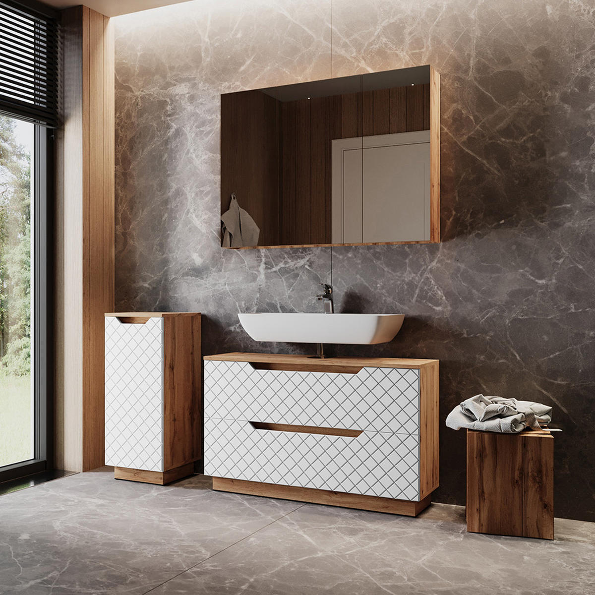 BADMÖBEL-SET Lotta Eiche/Weiß mit Kachelstruktur 3 Teile - Eichefarben/Weiß, Holzwerkstoff (99.4/62.5/32cm) - Vicco