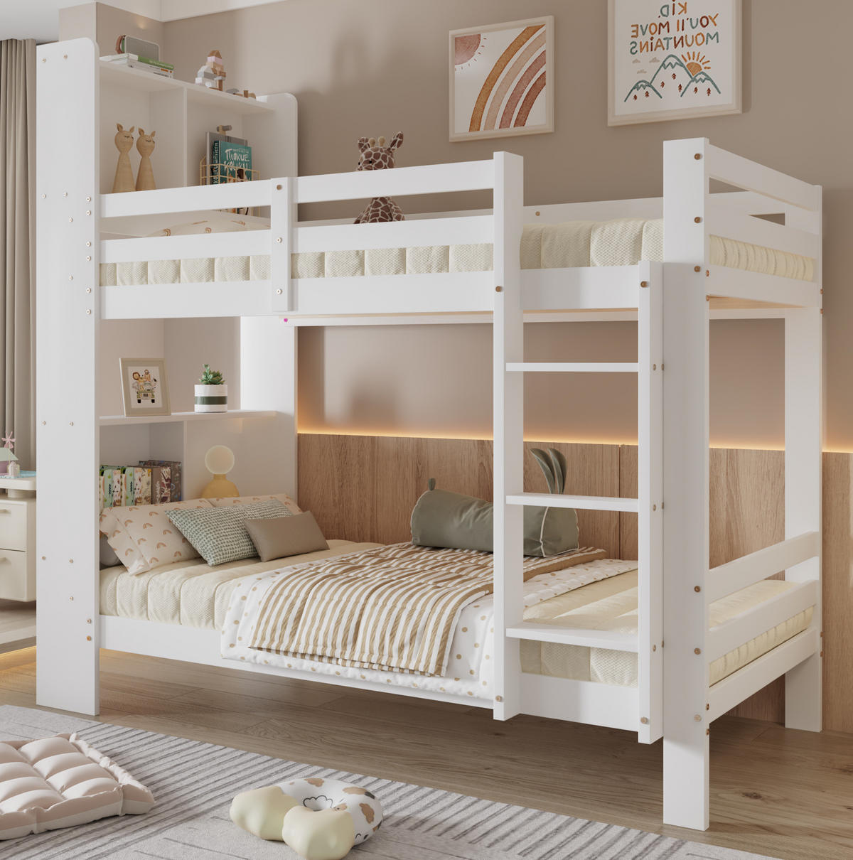 ETAGENBETT 90/200 cm in Weiß mit Regalen und rechtwinkliger Leiter - Weiß, Holzwerkstoff (90/200cm) - BEAOK