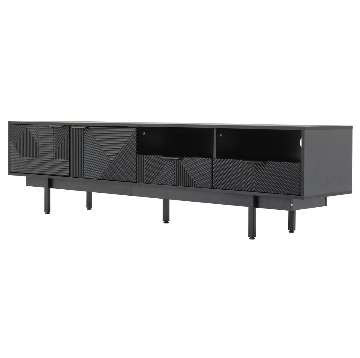 TV-LOWBOARD aus Spanplatte 200x40x51 cm Schwarz mit Stauraum, Kabelmanagement und geometrischem Frontdesign - Schwarz, Holzwerkstoff (200/51/40cm) - Modfu