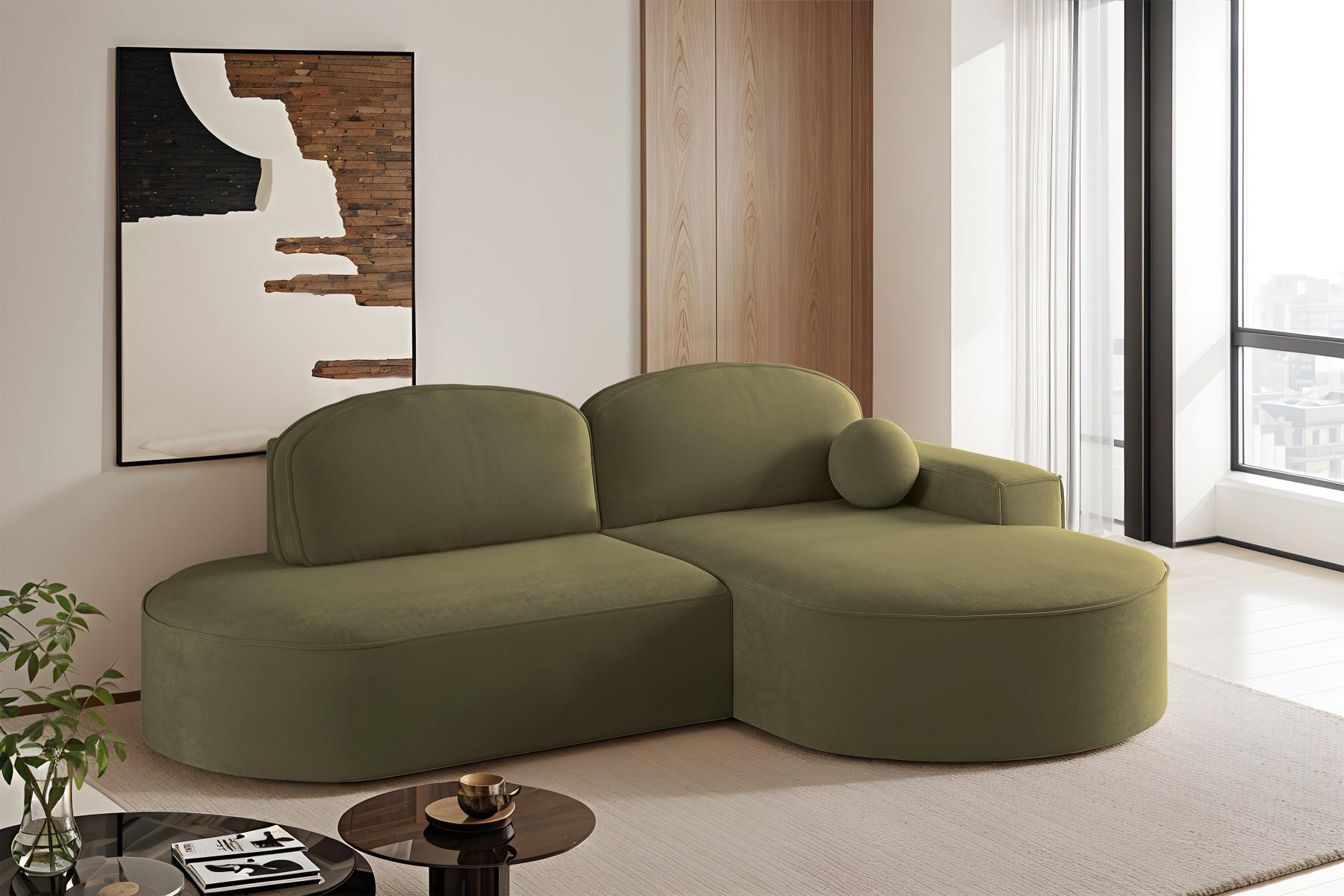ECKSOFA mit Schlaffunktion und Bettkasten Modena Runden stoff Salvador Olive Rechts - Olivgrün, Holz/Textil (278/179cm) - Kaiser Möbel