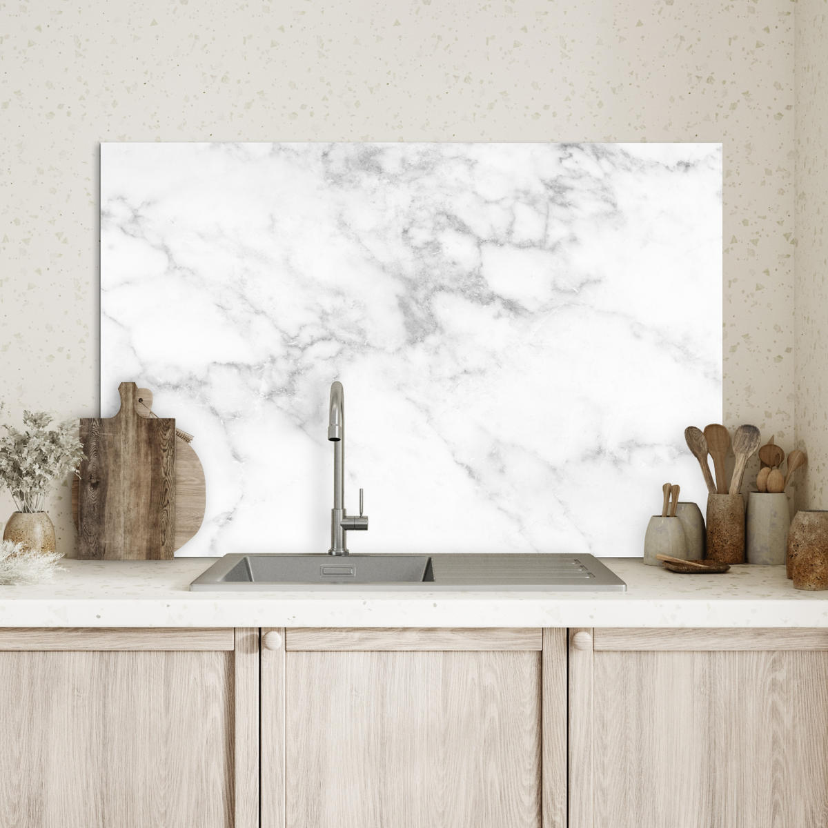 SPRITZSCHUTZ KÜCHE Marmor - Grau - Weiß - Strukturierter Marmor 90x60 cm - Weiß, Metall (90/0.3/60cm) - MuchoWow