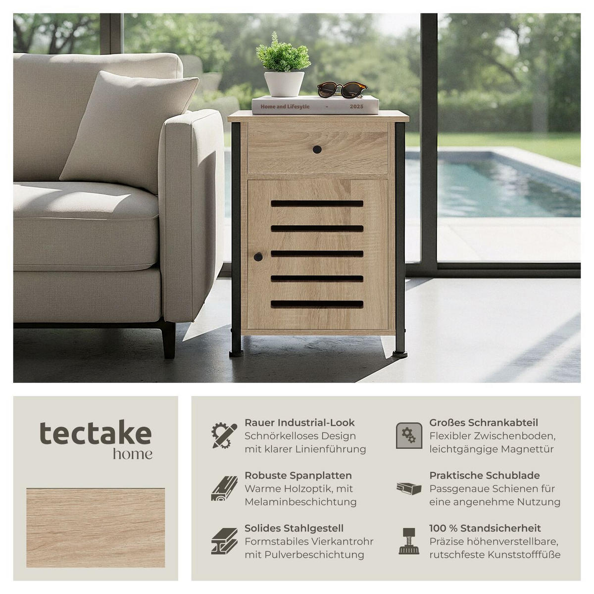 NACHTSCHRANK Waterford, 40 x 42 x 60,5 cm, Industrial Holz hell, Eiche Sonoma - Naturfarben, Holzwerkstoff (40/60.5/42cm) - tectake