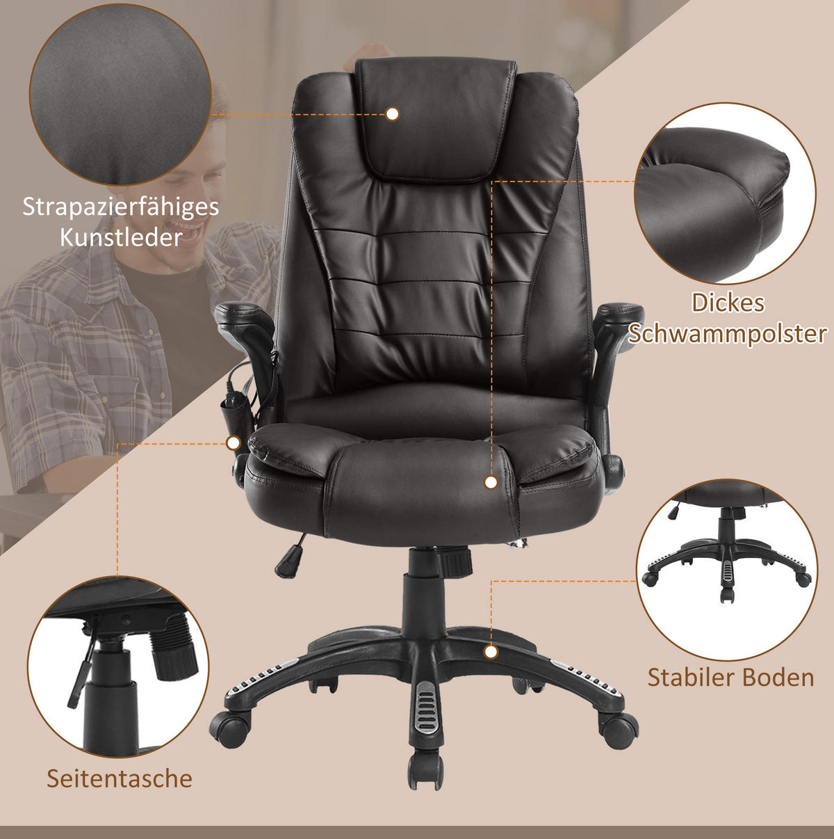 CHEFSESSEL in Braun 68x62x121 cm mit Vibrationsmassage und Wärmefunktion - Braun, Kunststoff (62/121/68cm) - IVMEU