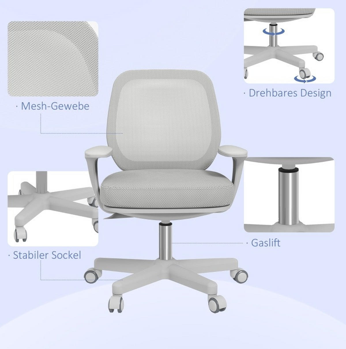 BÜROSTUHL in Grau 48x55x94,5 cm, höhenverstellbar mit Drehfunktion und Sicherheitsrollen - Grau, Textil (55/94.5/48cm) - IVMEU