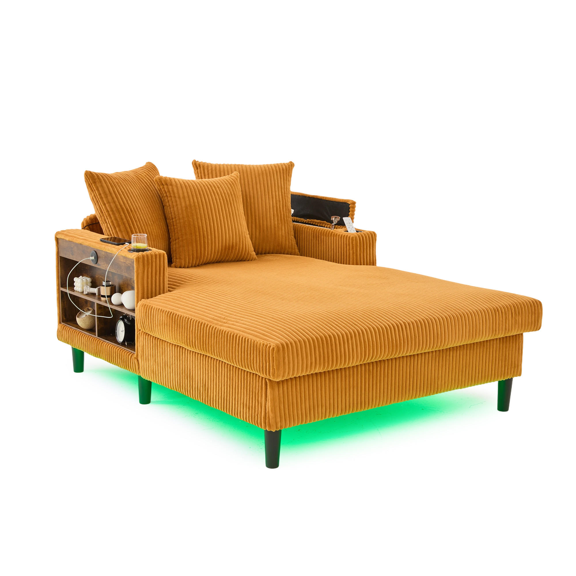 CHAISELONGUE Cord Senfgelb mit LED, USB, Stauraum und mit 3 Kissen - Orange, Kunststoff/Textil (129/70/170cm) - WISHDOR