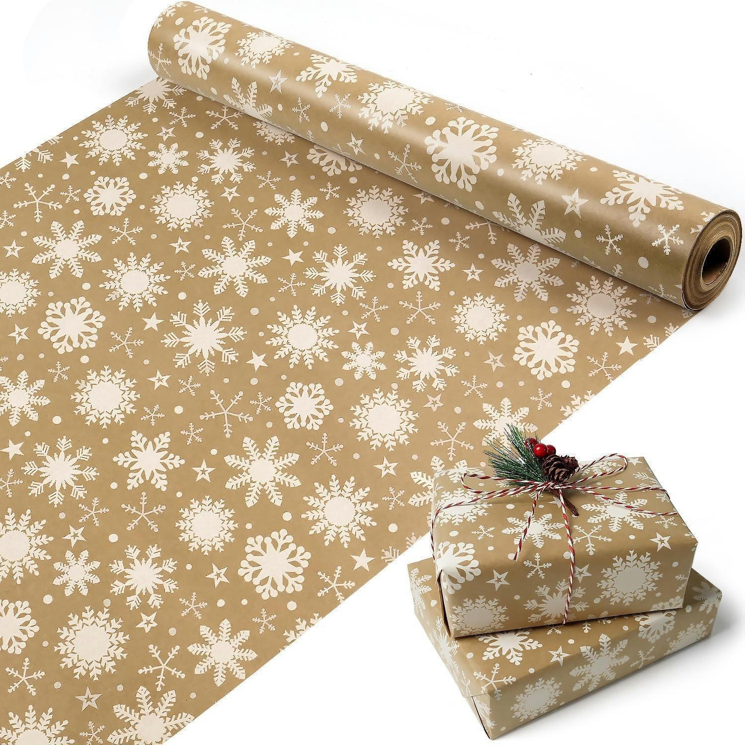 GESCHENKPAPIER Rolle 43 cm x 15 m Schneeflockenmuster Kraftpapier - Braun, Papier (43/0.1/1500cm)