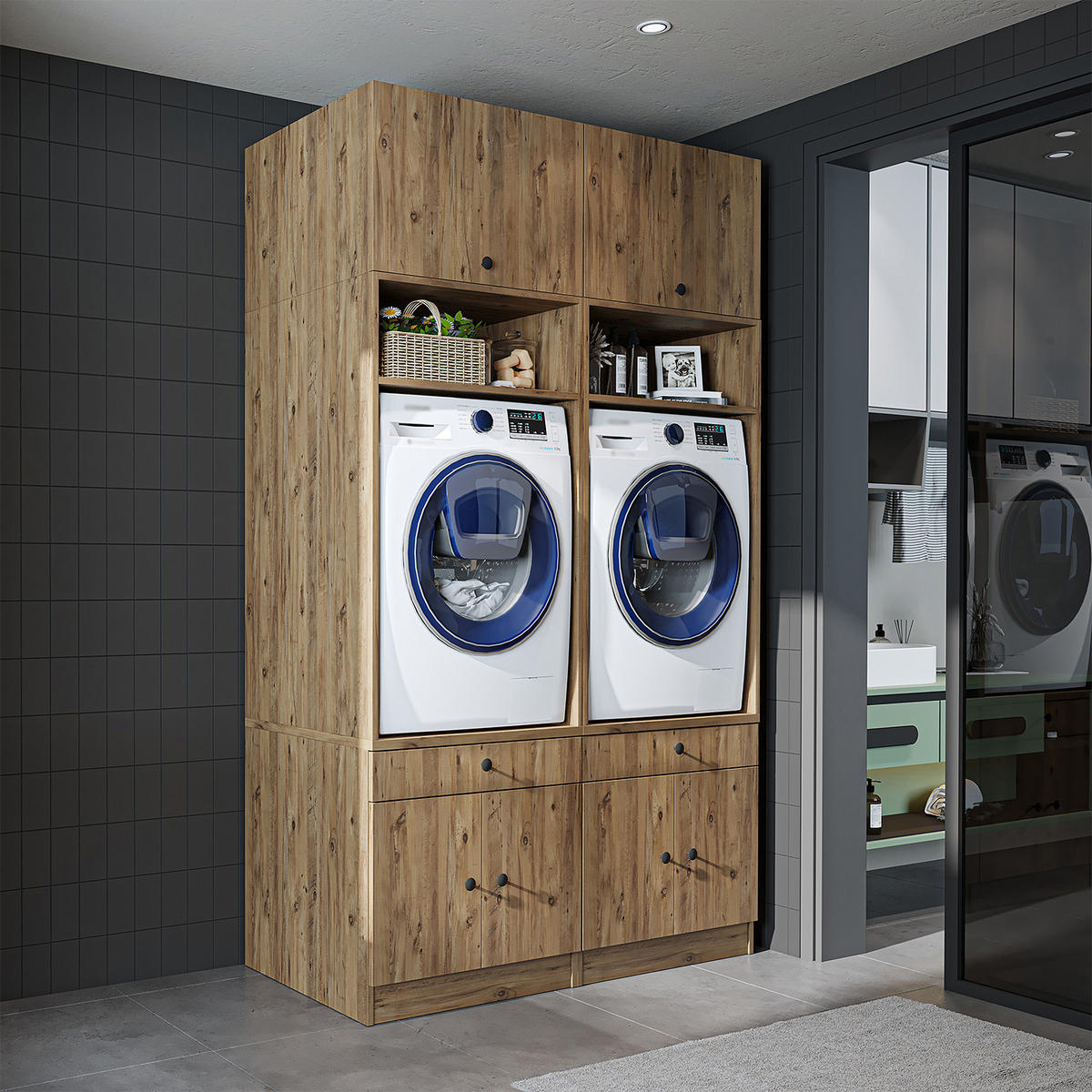 WASCHMASCHINENSCHRANK Serie 1 134cm Breit, 230cm Hoch - Eichefarben, Holzwerkstoff (134/230/67cm)