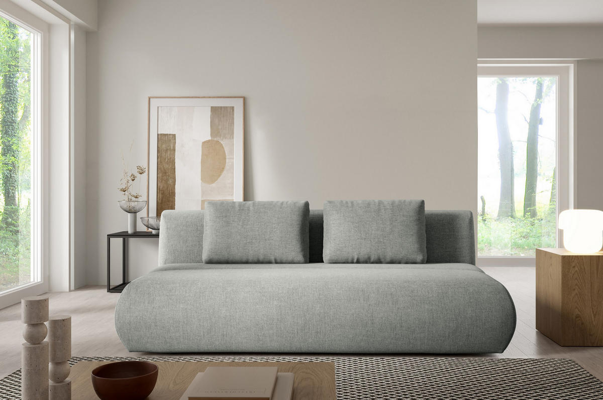 BETTSOFA ATOMO Grau Chenille-Stoff mit Schlaffunktion - Grau, Holz (217/82/134cm) - MASSENO