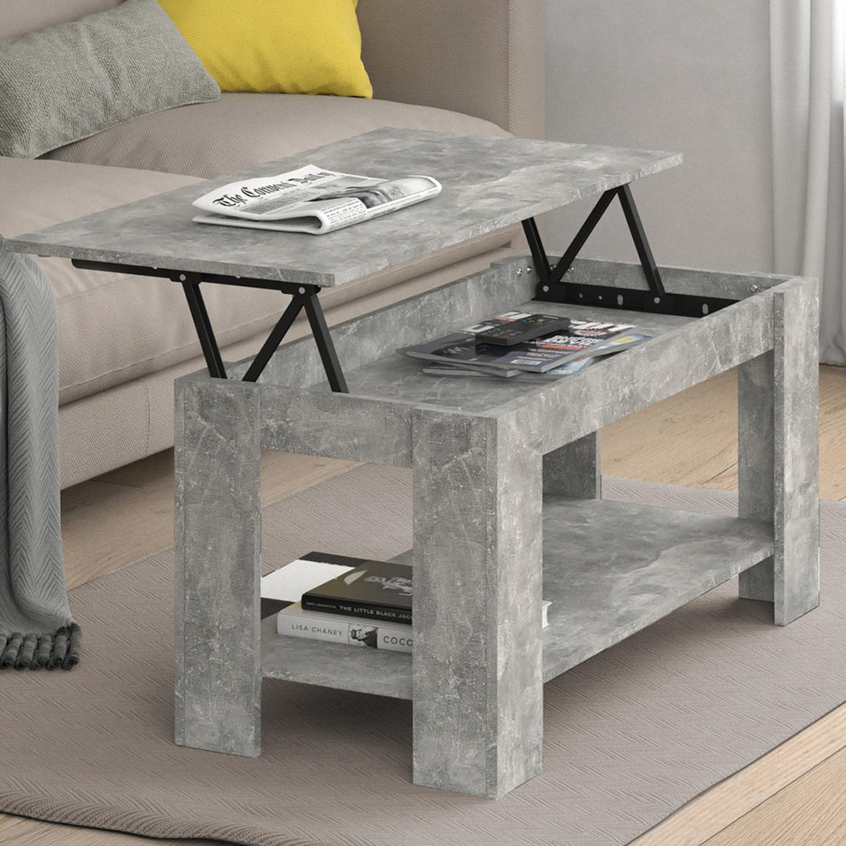 COUCHTISCH Lorenz Beton 100 x 50 cm mit Liftfunktion - Grau, Holzwerkstoff (50/100/50cm) - Vicco