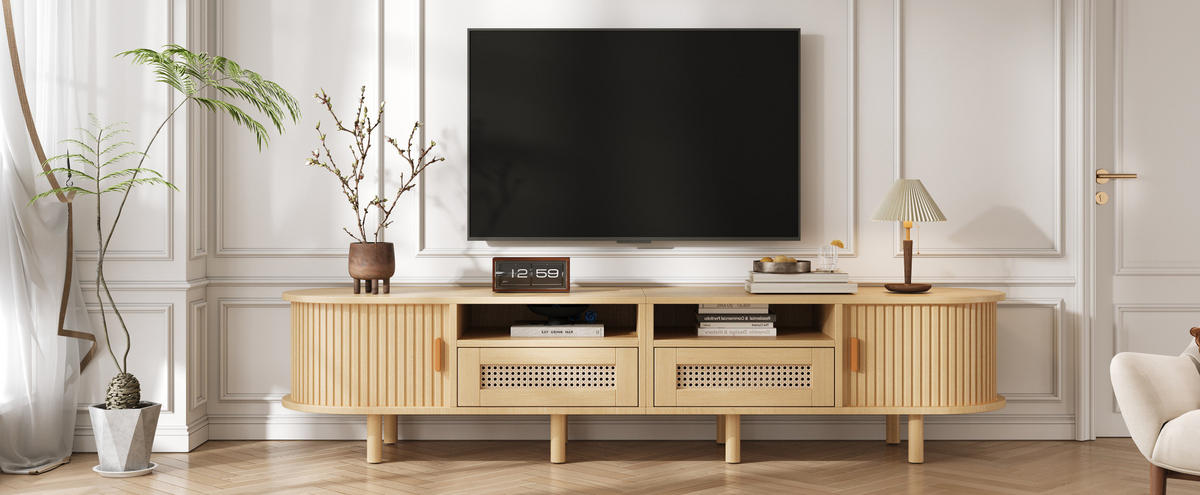 LOWBOARD 170/40/40 cm aus MDF mit Rattanfront und Schiebetüren Eiche hell - Naturfarben, Holzwerkstoff (170/40/40cm) - Modenvie