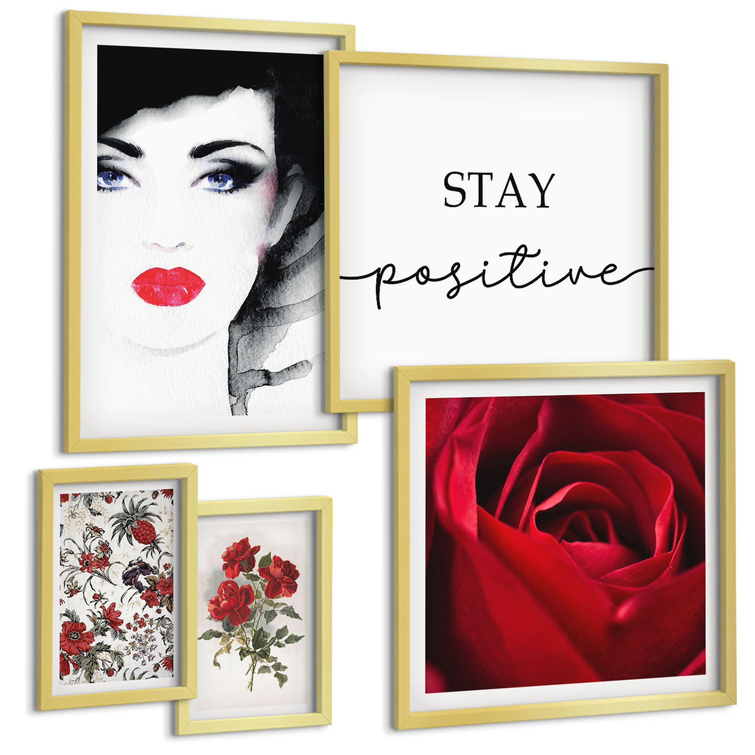 BILDER SET 5er Set - 50x50 cm & 20x30 cm & 40x60 cm Goldrahmen - Inschrift mit roten Rosen - Goldfarben, Kunststoff (40/60cm) - TULUP
