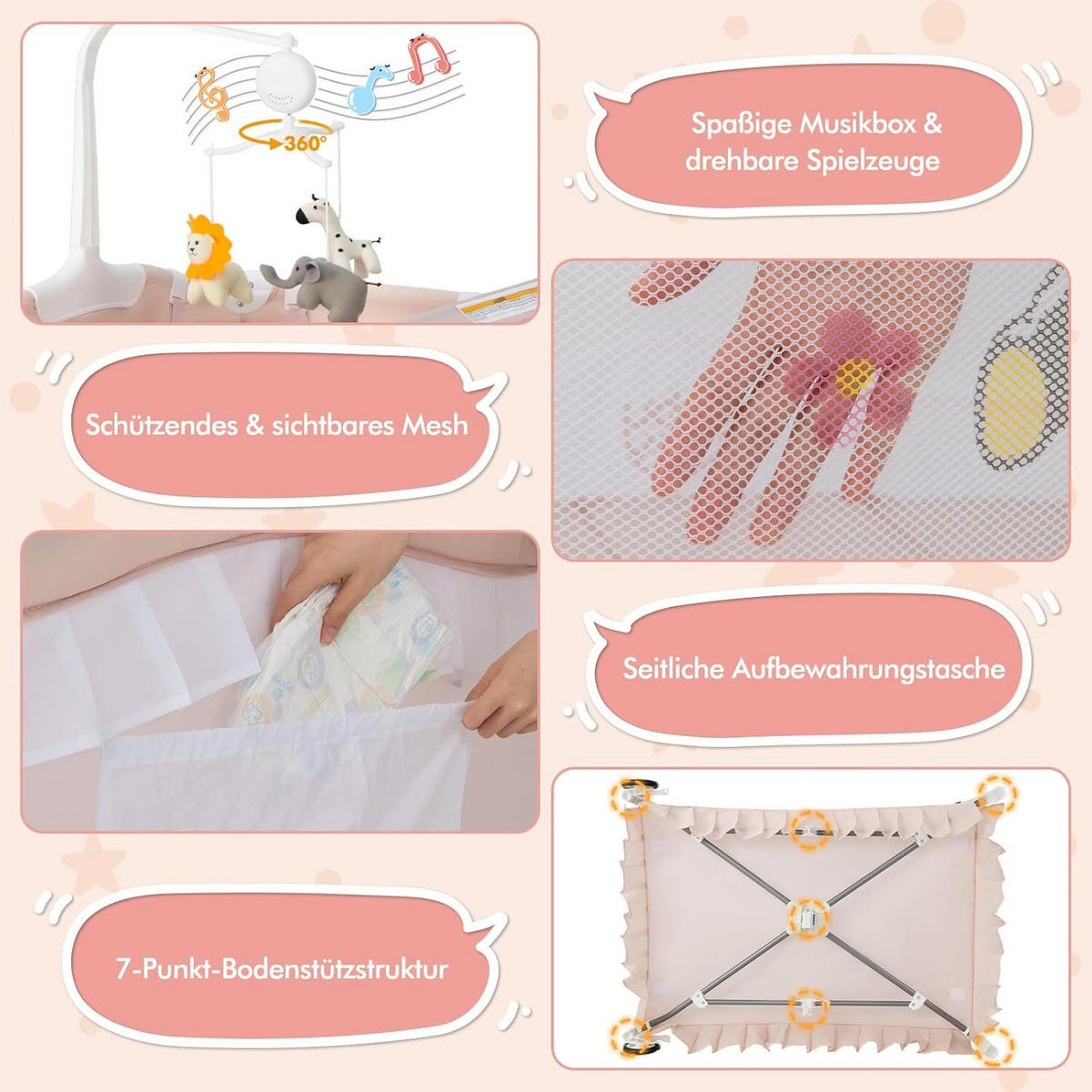 BABYBETT mit abnehmbarem Baldachin rosa - Pink, Textil - COSTWAY