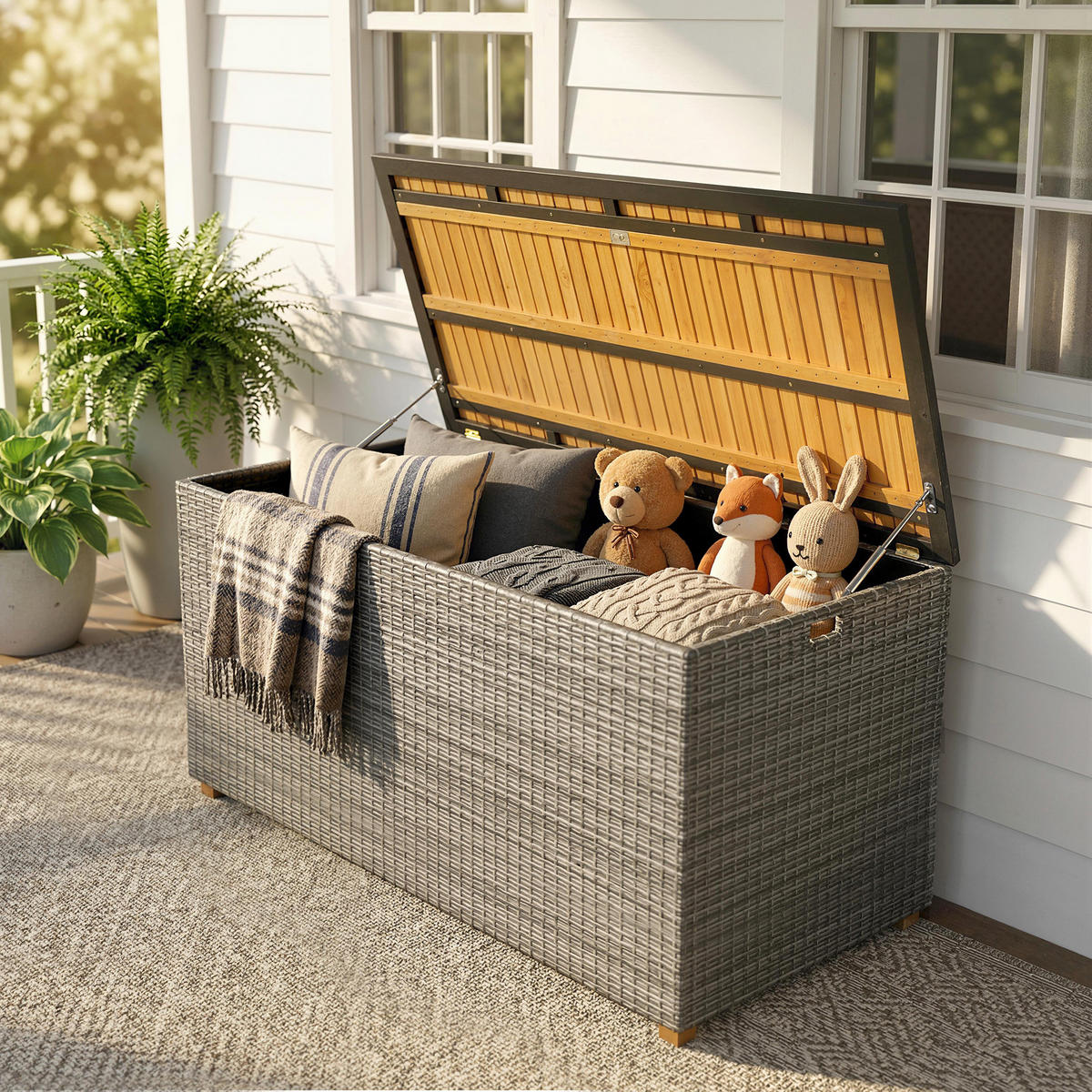 AUFBEWAHRUNGSBOX aus Akazienholz & PE-Rattan, Dunkelgrau - Dunkelgrau, Holz (68/67.5/120cm) - Outsunny