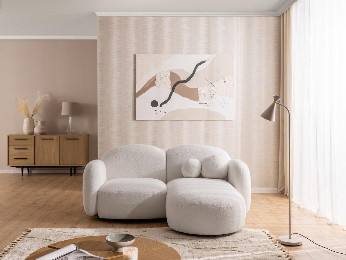 ECKSOFA Nuvola mit abgerundetem Design Weiß Bouclé-Stoff - Ottomane Rechts - Schwarz/Weiß, Holz/Kunststoff (190/146cm) - S-Style Möbel