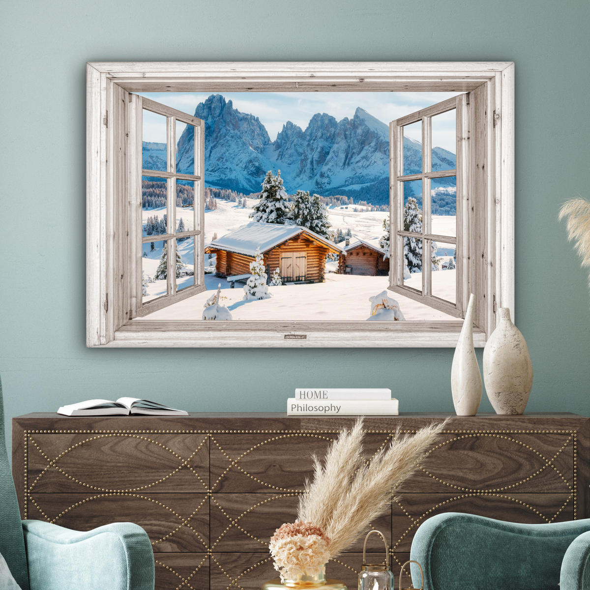 LEINWANDBILD Winterlandschaft - Hütte - Berge - Ausblicke - Aussicht - Natur Wohnzimmer Groß 120x80 cm - Weiß Hochglanz, Textil (120/80cm) - MuchoWow