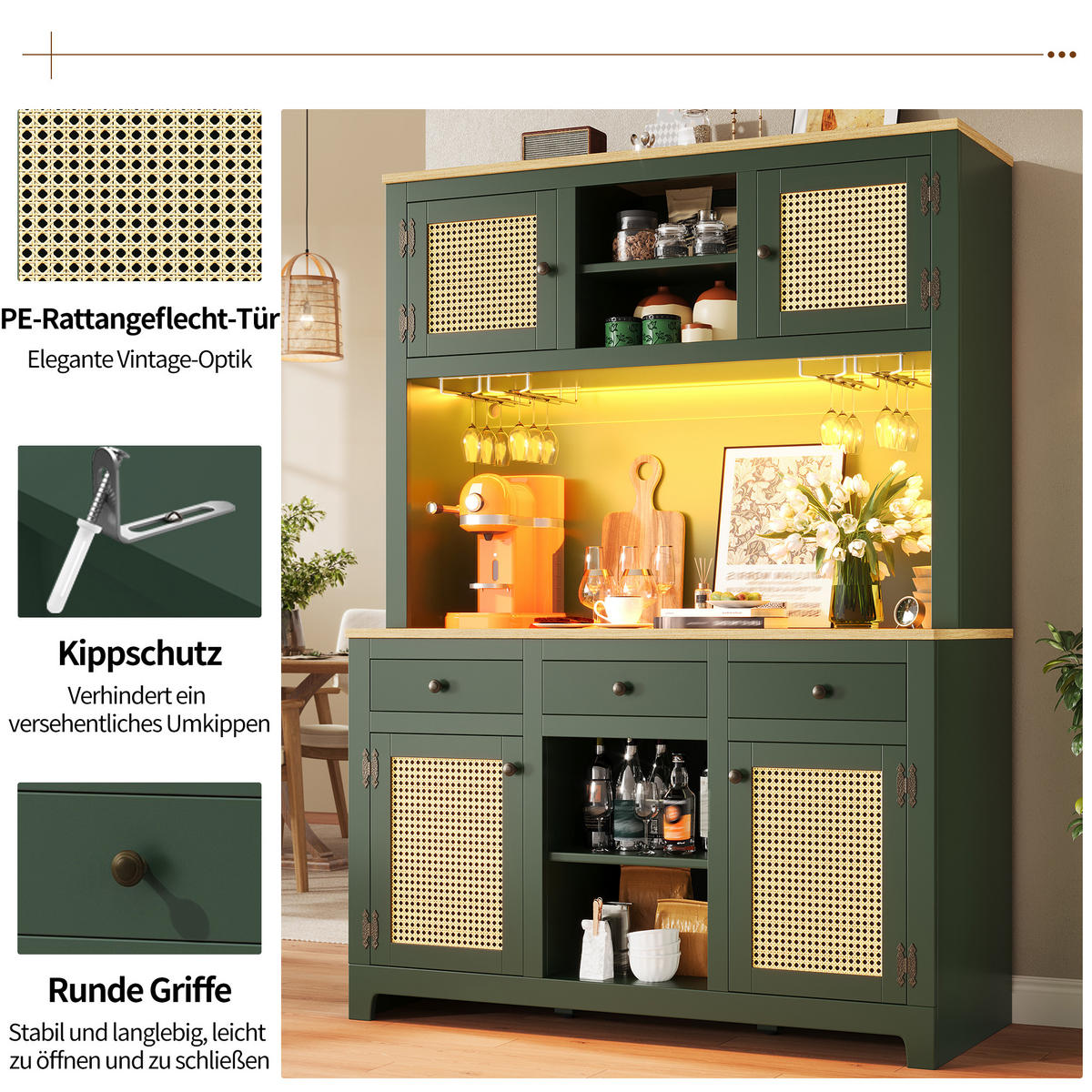 BUFFETSCHRANK Rattanoptik Antikgrün 120/40/180 cm - Salbeigrün, Holz (120/180/40cm) - PANGIVO