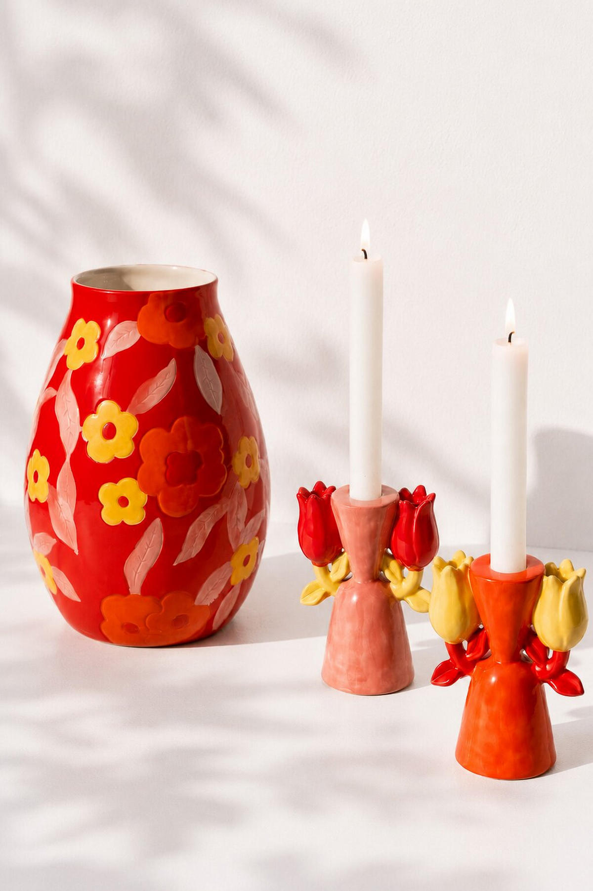 KERZENSTÄNDER TULIP DOLOMIT (2ER SET) - Multicolor, Keramik (7.5/15.6/11.7cm) - J-Line