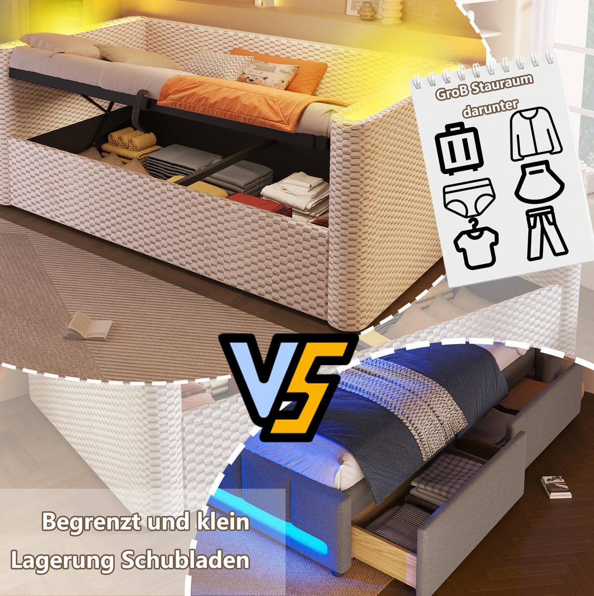 BETT 90/200 cm aus Samt in Beige mit LED-Beleuchtung und Stauraum - Beige, Textil (90/200cm) - Flora Grace