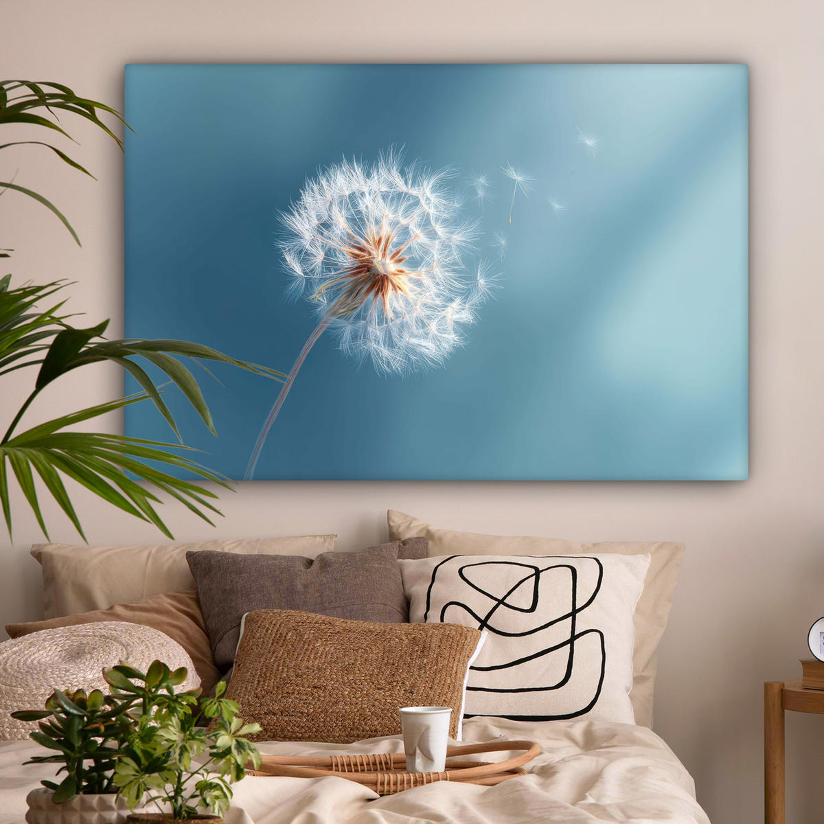 LEINWANDBILD Löwenzahn - Wind - Blau Wohnzimmer Groß 120x80 cm - Blaugrau, Textil (120/80cm) - MuchoWow