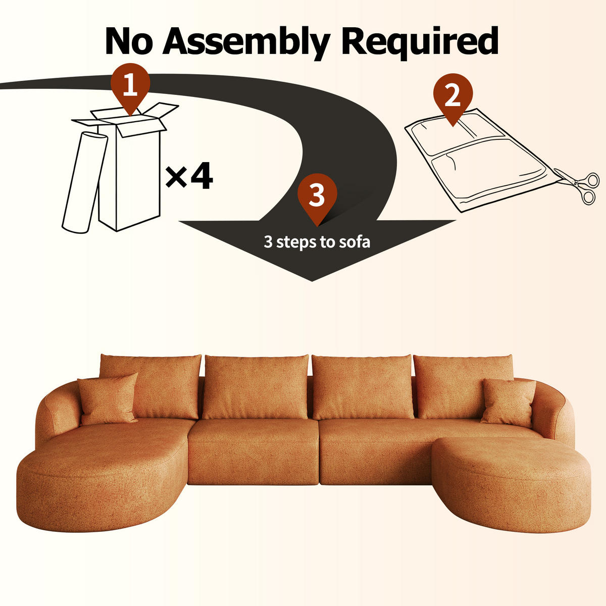 WOHNLANDSCHAFT Links, 3-Sitzer U-Form 336 cm ohne Montage, DE-34817, Orange - Orange, Textil (336/85/168cm) - ComfortXL