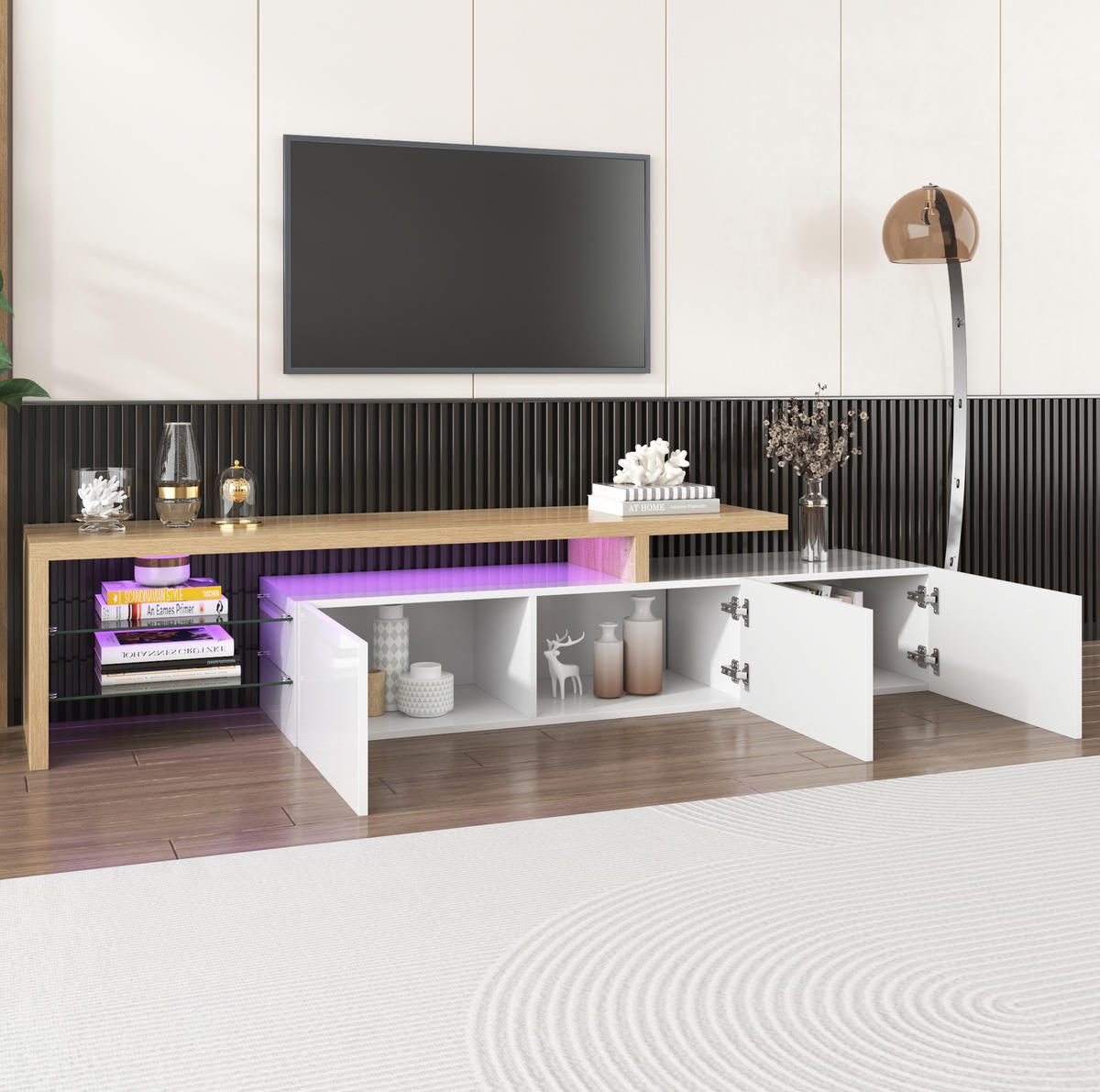 TV-LOWBOARD aus MDF und Glas 197,5x39x42 cm Naturfarben/Weiß mit 7-Farben-LED und 3 Schränken - Weiß, Holzwerkstoff (197.5/42/39cm) - Modfu