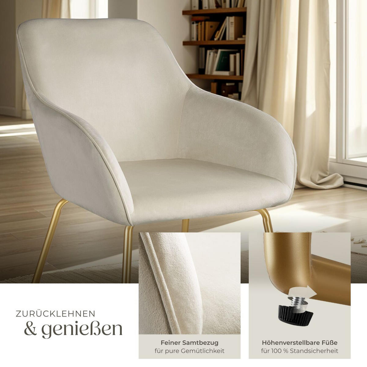 ESSZIMMERSTUHL Jeane,57 x 61 x 85,5 cm, Belastbarkeit 120 kg,Samtoptik creme/gold - Goldfarben/Samtahornfarben, Kunststoff (57/85.5/61cm) - tectake