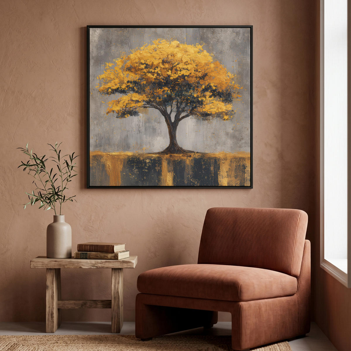 LEINWAND Bilder mit Rahmen - Baum - Blätter - Gold - Abstrakt - 90x90 - Grau, Textil (90/90cm) - MuchoWow