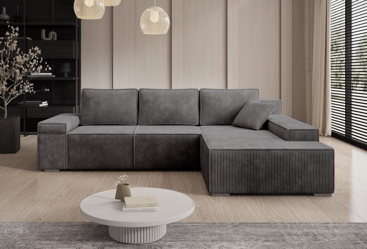 ECKSOFA Milo mit Schlaffunktion und Bettkasten, Couch L-Form, Cord-Stoff, 273x85x185 cm, Dunkelgrau - Dunkelgrau, Holz (273/185cm) - PROMETO Möbel