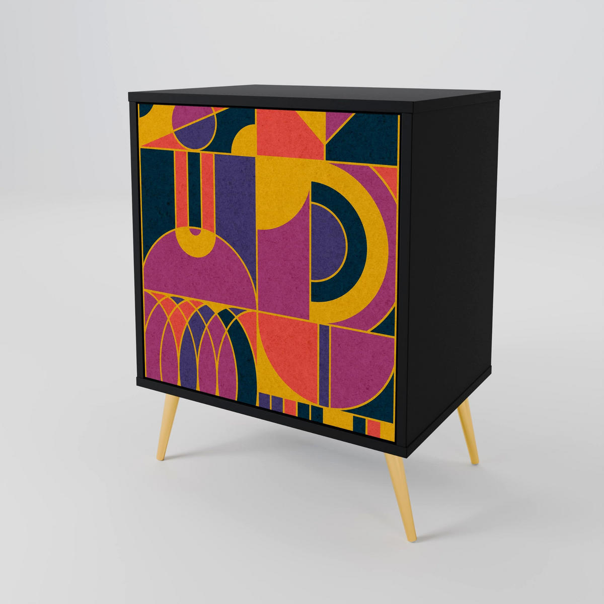 SIDEBOARD ELECTRIC PATTERNS, Schwarz, 57,5x42x70,5 cm, Schwarze Metall-Sternfüße - Multicolor/Schwarz, Holzwerkstoff/Metall (57.5/70.5/42cm) - SpaceRebels