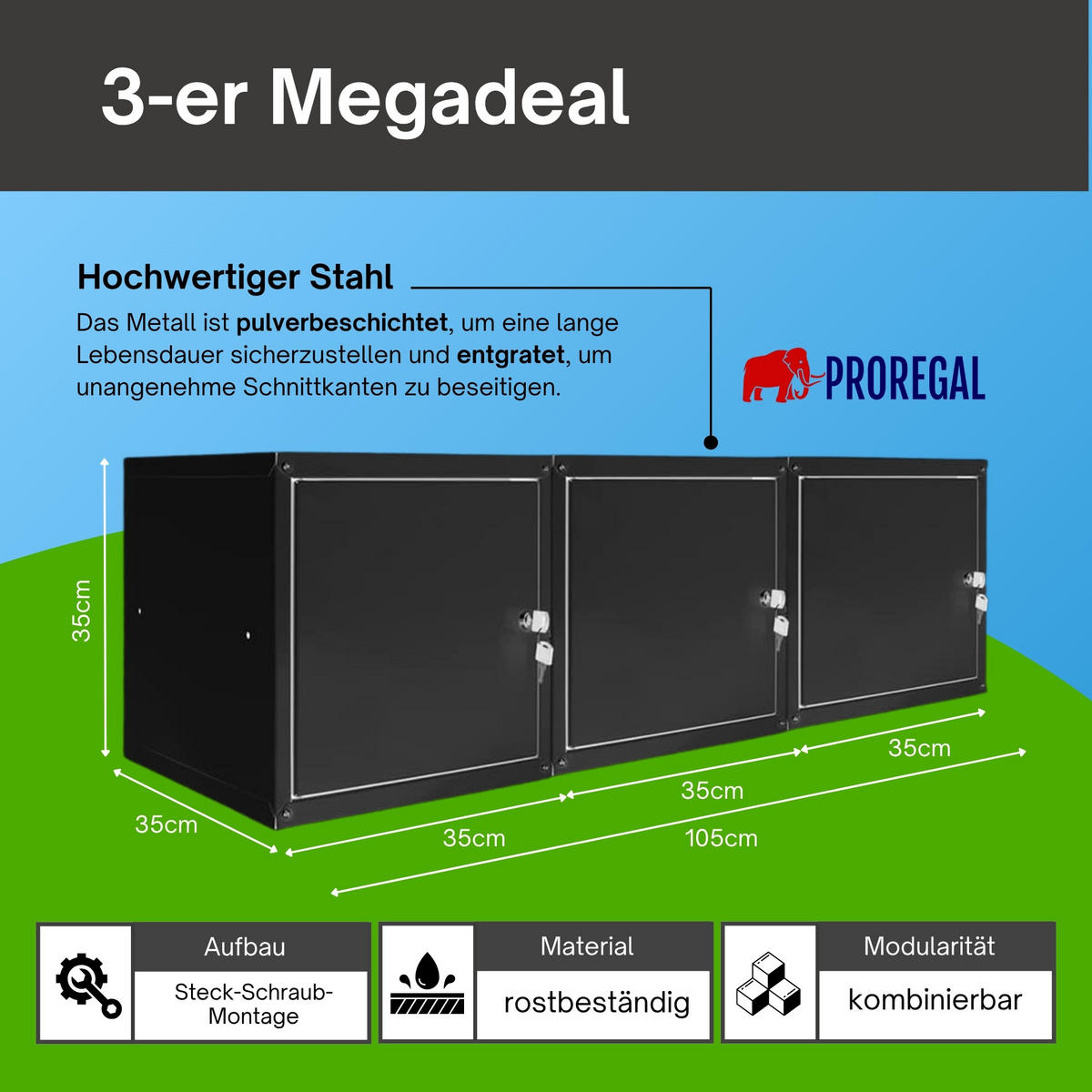 SCHLIESSFACHWÜRFEL 3er-Set Cubic HxBxT 35x35x35 cm Schwarz - Schwarz, Metall (105/35/35cm) - PROREGAL