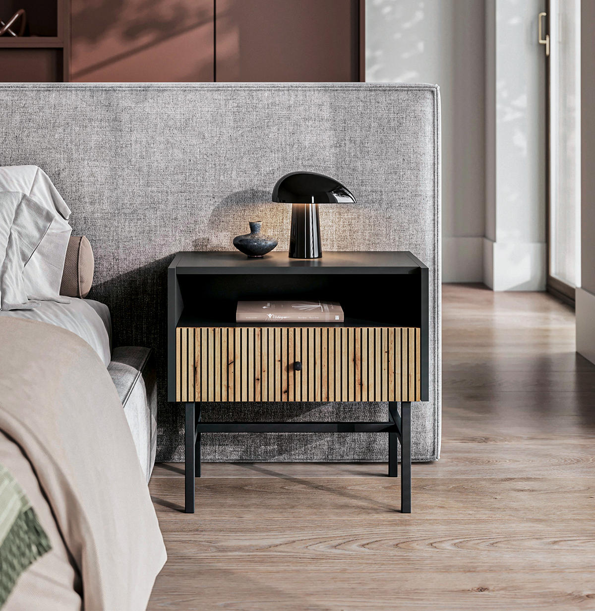NACHTTISCH Dinley 1S Schwarz, Braun 54,8/52/39 cm – mit langen Beinen und Lamellenfront - Schwarz/Braun, Holzwerkstoff/Metall (54.8/52/39cm) - AX Living