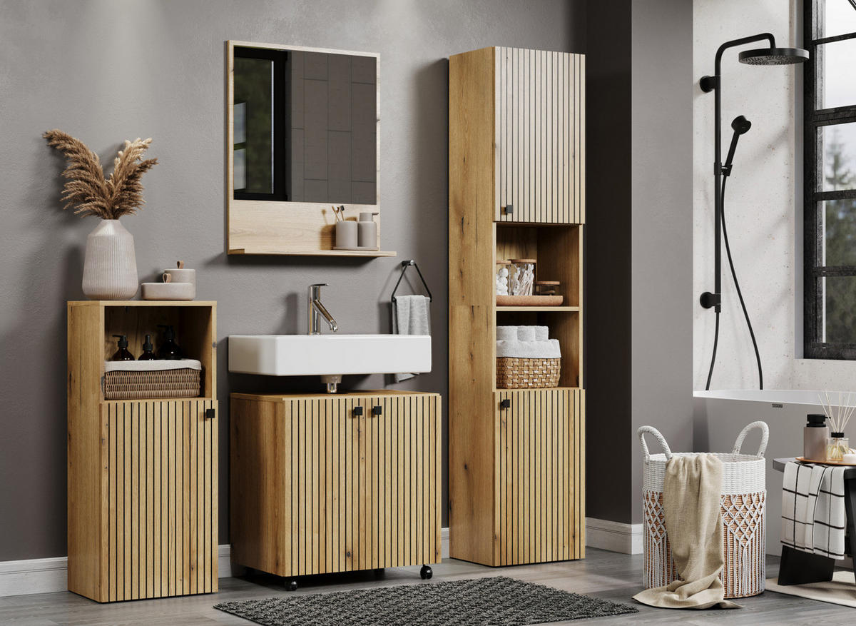 BADMÖBEL-SET Evoke Eiche 4-teilig 160 x 190 cm, Badkombination mit viel Stauraum - Eichefarben/Schwarz, Glas/Holzwerkstoff (160/190/40cm) - Top.Furn