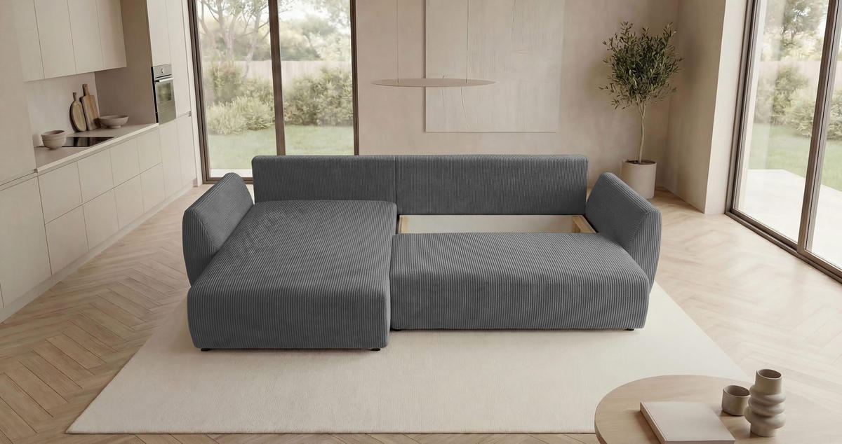 ECKSOFA SYDNEY links grau Cord Poso 55 - Schlaffunktion, Bettkasten - Grau, Textil (280/174cm) - Cornero