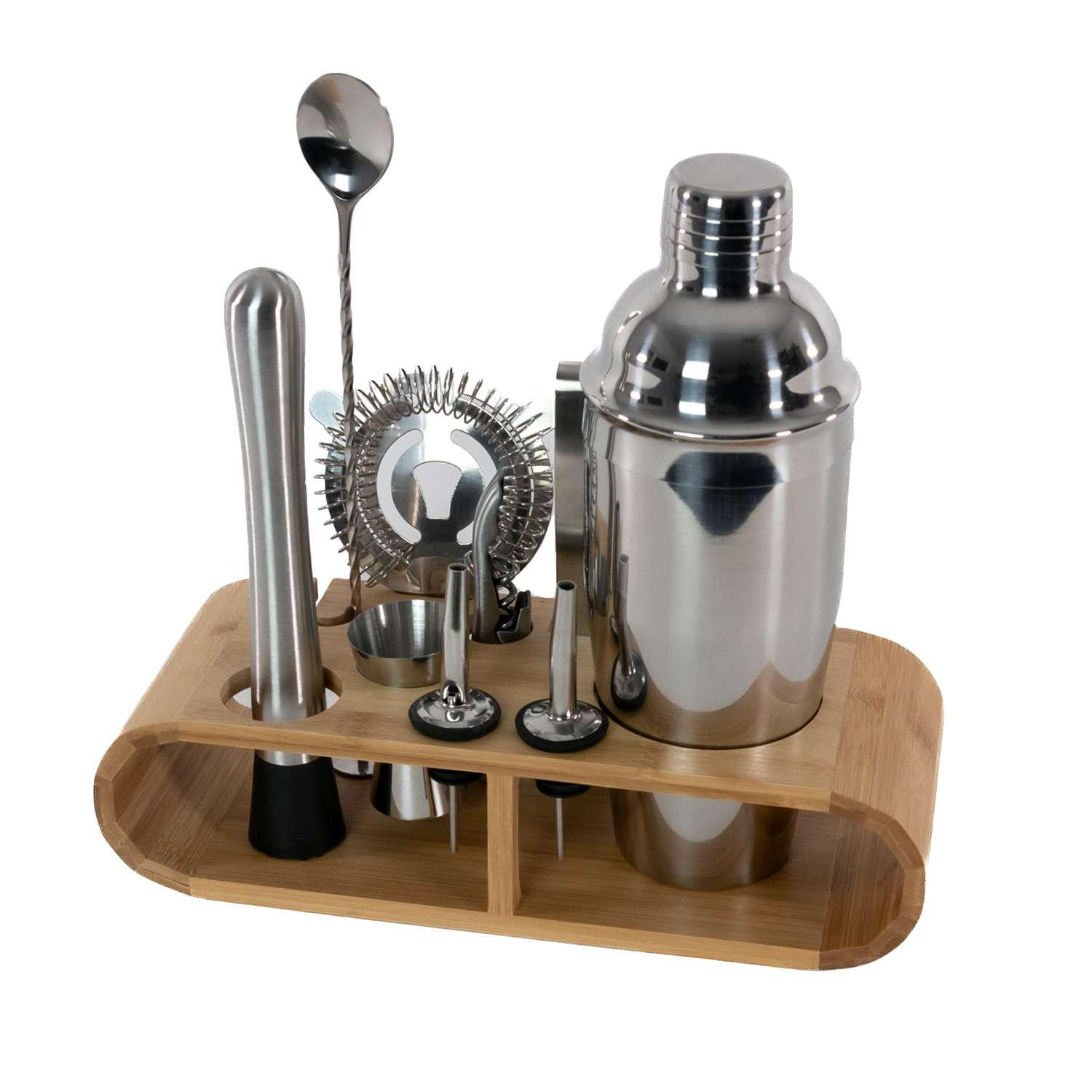 COCKTAIL-SHAKER Set mit Bambus-Ständer (12-tlg.) - Silberfarben, Metall (10.5/25.5/27.5cm) - Intirilife
