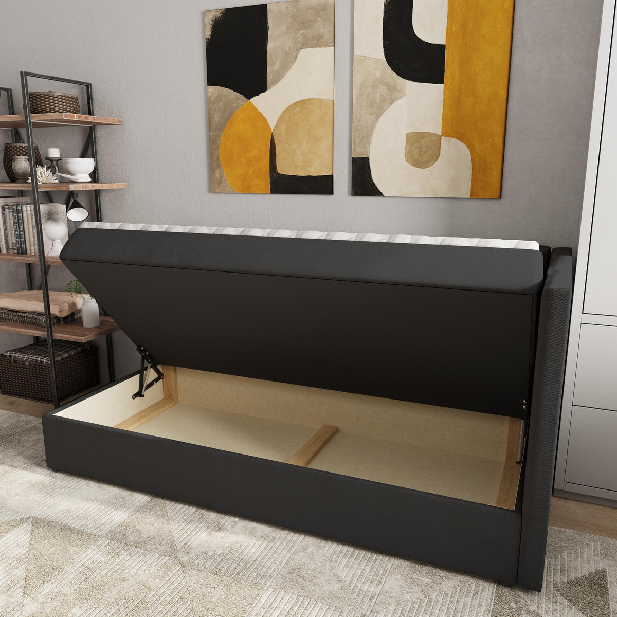 BOXBETT BEVE 80x200 cm mit Matratze und Topper, H2+H3 - Schwarz - Schwarz, Holz (80/200cm) - MASSENO