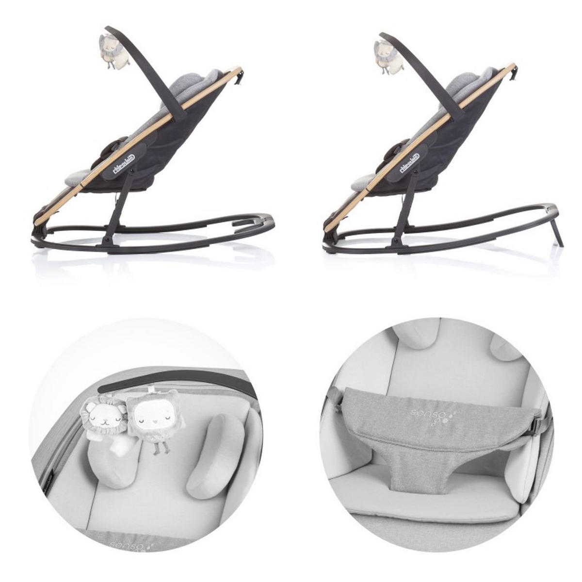 BABYWIPPE Senso grau Holzoptik, Kopfstütze, 3-Punkt-Gurt, verstellbare Rückenlehne - Grau, Metall - Chipolino