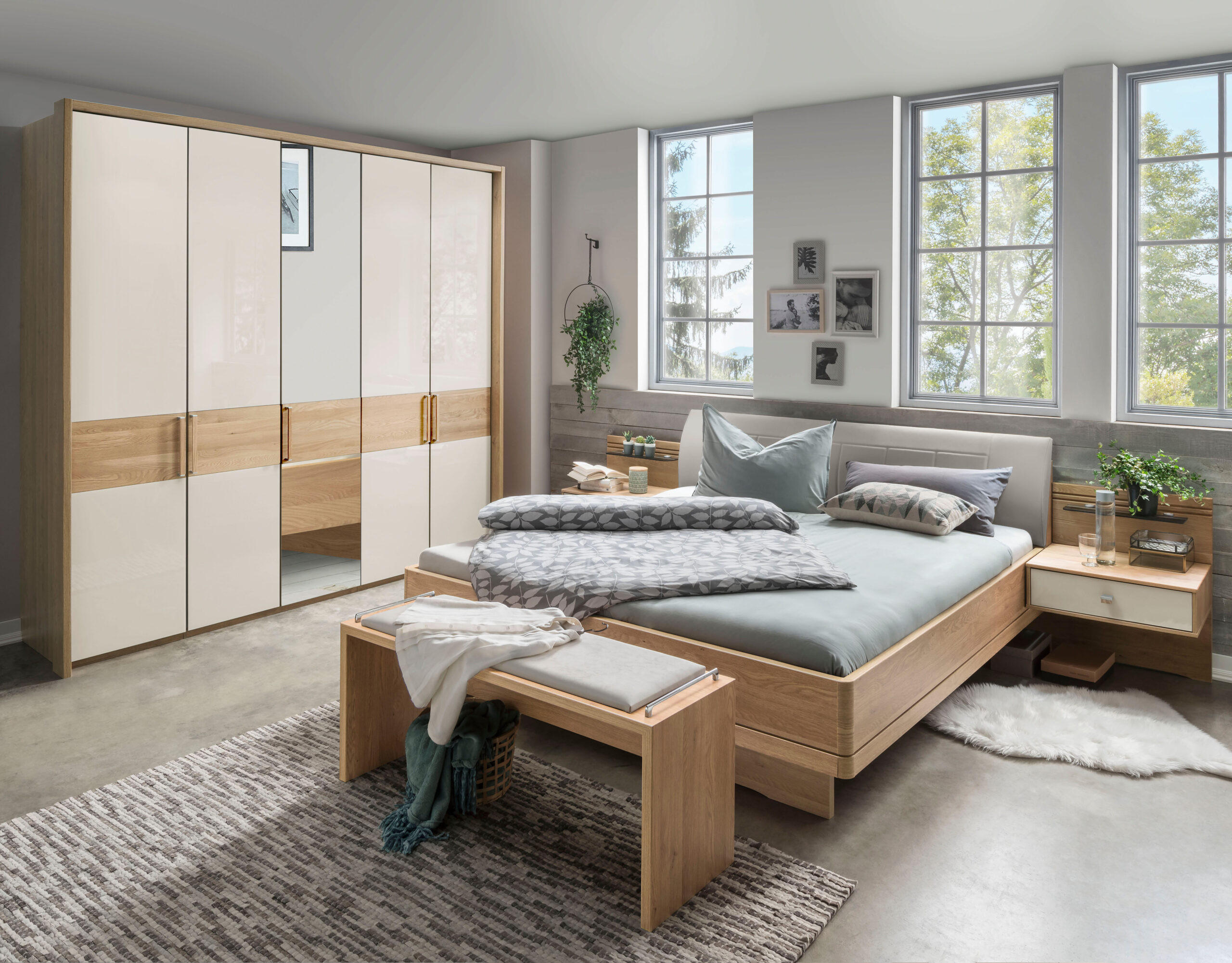 SCHLAFZIMMER Lenvara in Champagner 4 teilig mit Drehtürenschrank mit Spiegel, Passepartout, zwei Nachttische und Komfortbett - Braun, Holzwerkstoff (80/200/120cm)