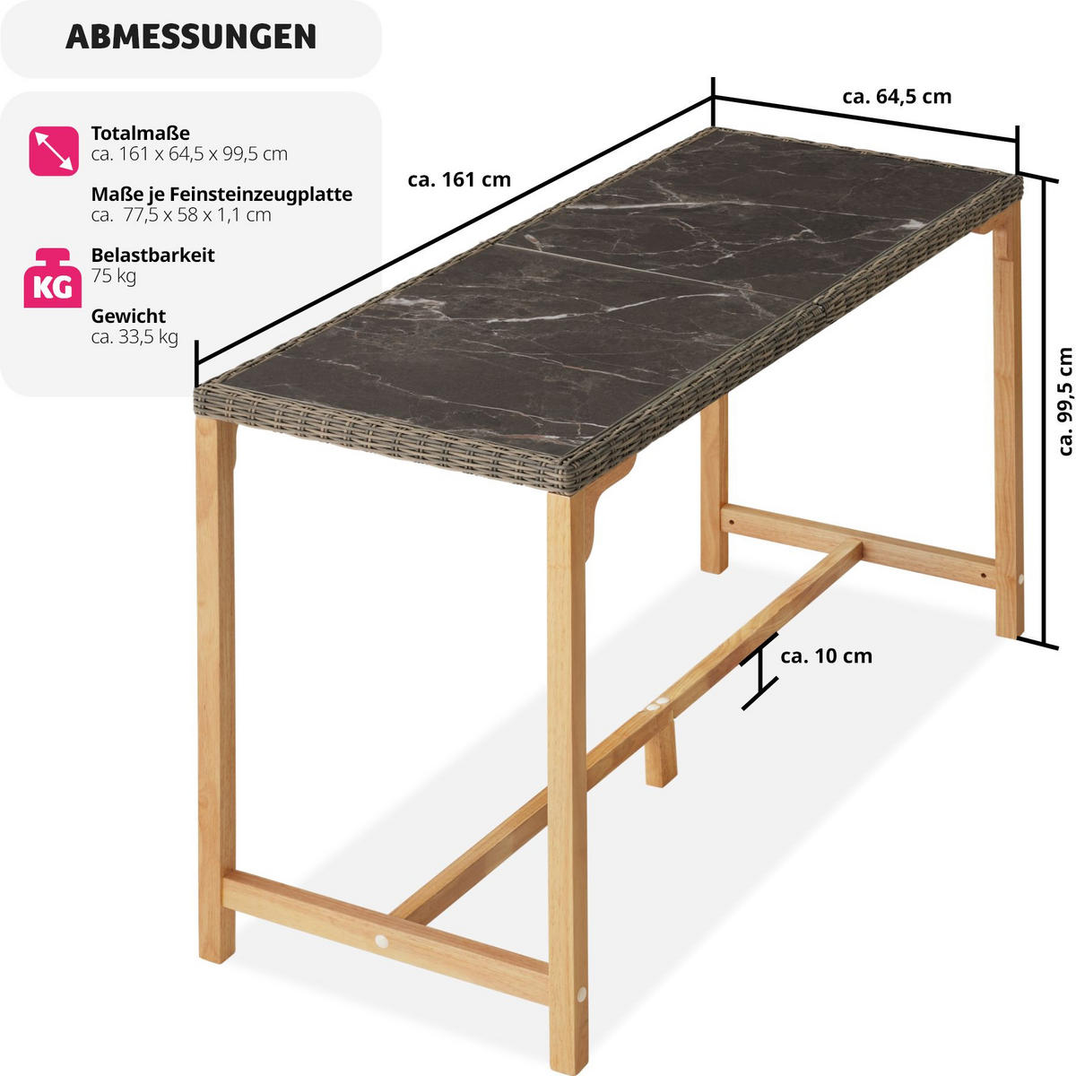 GARTENTISCH Lovas,161 x 64,5 x 99,5 cm,natur - Naturfarben, Kunststoff (161/64.5/99.5cm) - tectake