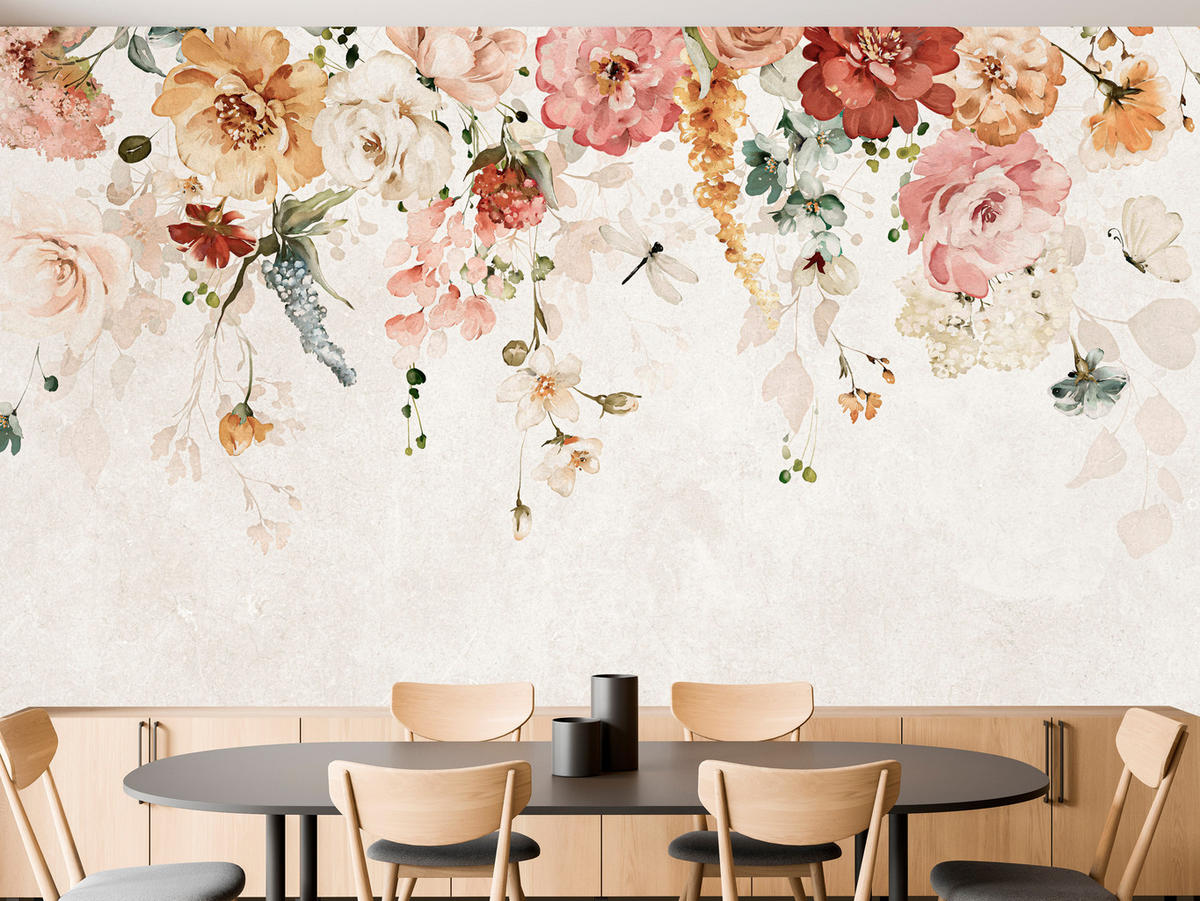 FOTOTAPETE für Esszimmer Aquarellblumen Blätter Pflanzen Pfingstrosen Rosen 500x350 - Multicolor, Papier (500/350cm) - Muralo