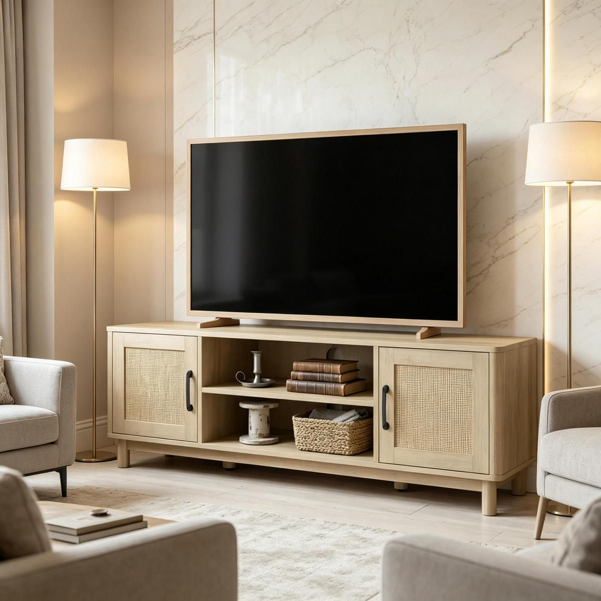 TV-SCHRANK 135/39/45 cm Eiche mit 2 Rattan-Türen und offenen Fächern - Eichefarben, Holz/Holzwerkstoff (135/45/39cm) - Oxeza