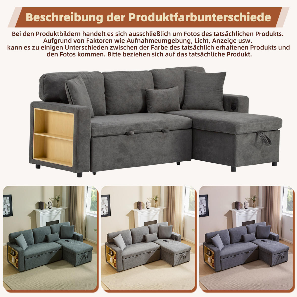 ECKECKSCHLAFSOFA Oxford-Stoff mit USB-Anschluss und Stauraum Dunkelgrau 214/131/87 cm - Dunkelgrau, Textil (87/131cm) - Redom