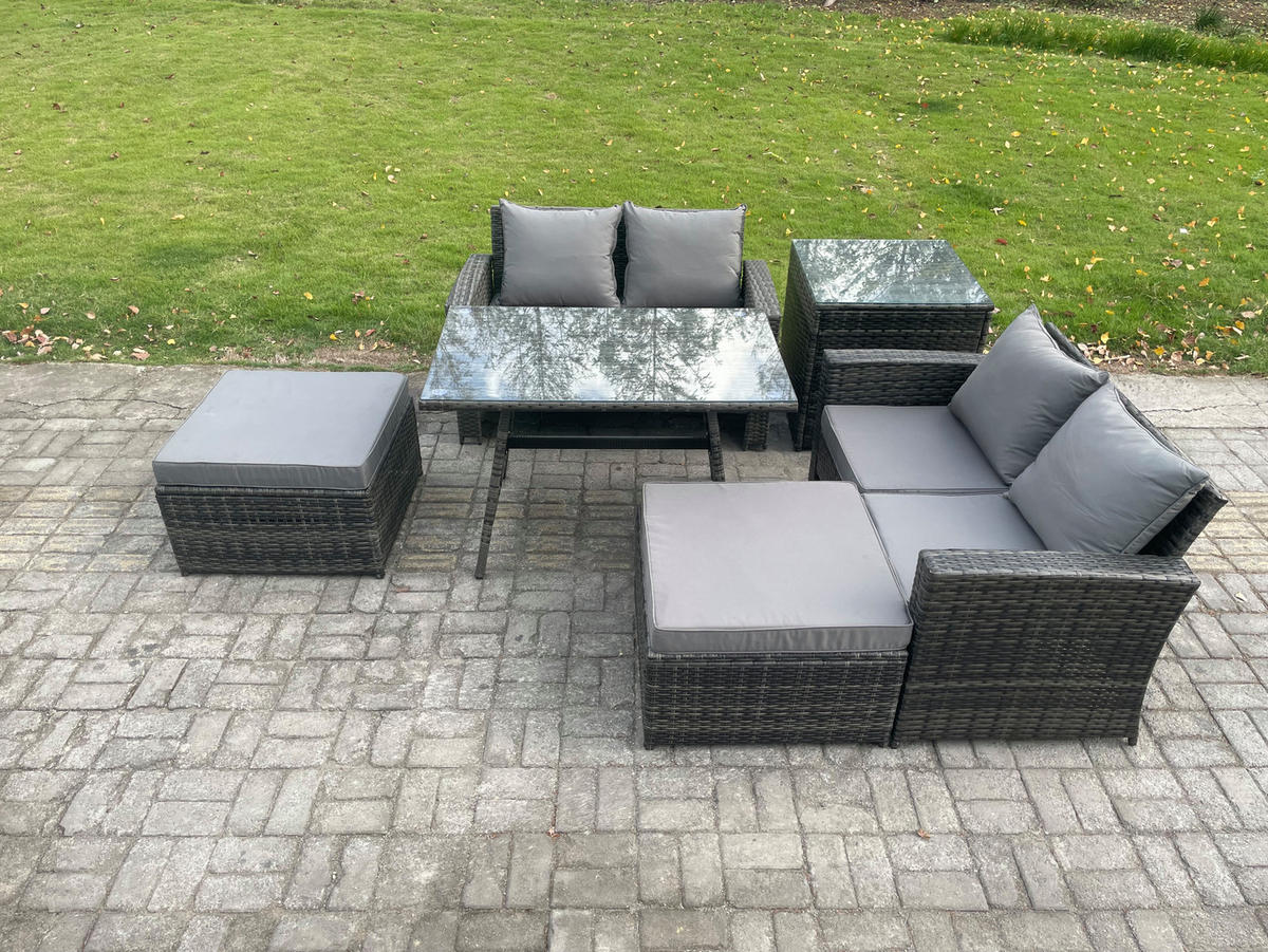 GARTENMÖBELSET mit ESSTISCH,HOCHLEHNER-SOFA Polyrattan Dunkelgrauer Mix 6-Sitzer - Dunkelgrau/Grau, Glas/Kunststoff - Fimous